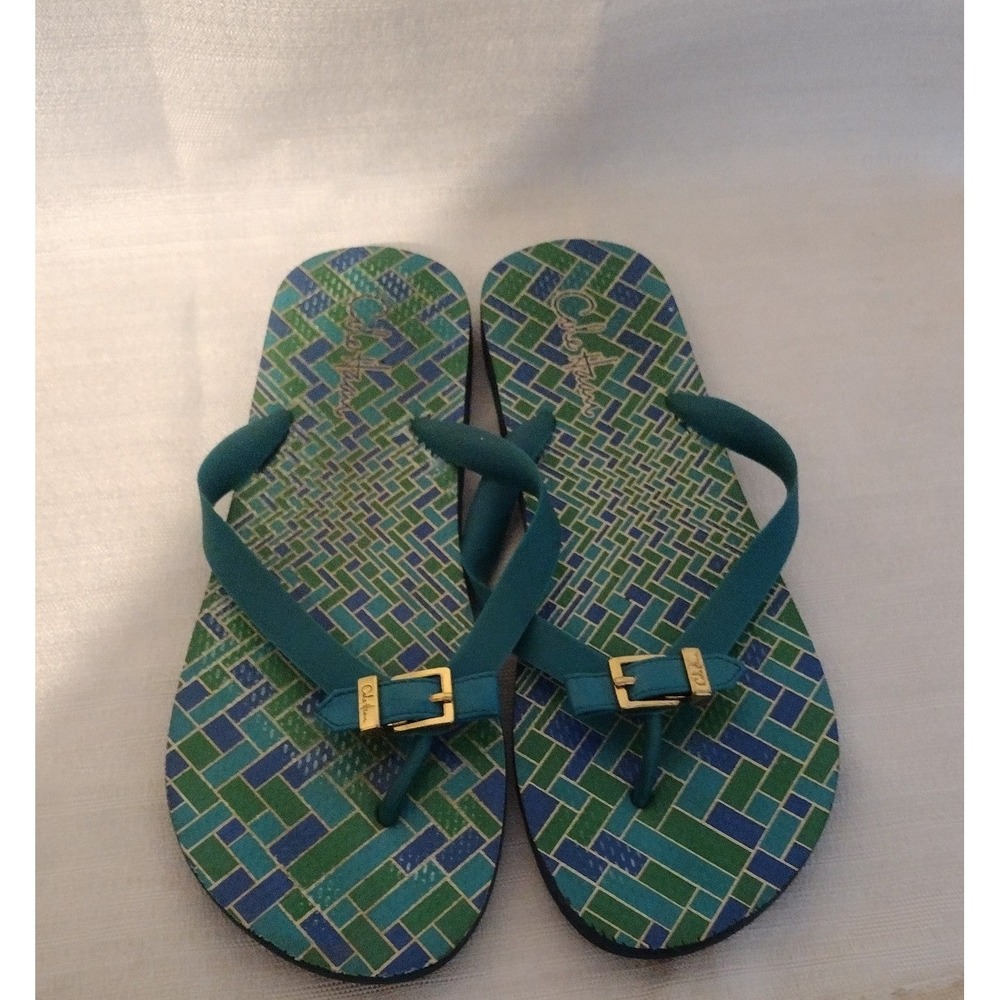 Cole Haan Womens Green Geometric Gold Buckle Flip Flop Sandals -Size 9